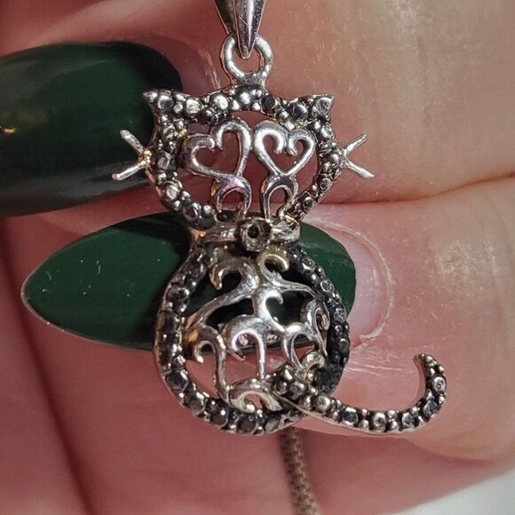 Black Diamond Accented Silver Filigree Cat Pendant Necklace - Picture 5 of 9